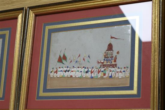 Set of 6 19th century Indian mica paintings depicting rituals and processions 13 x 20cm.